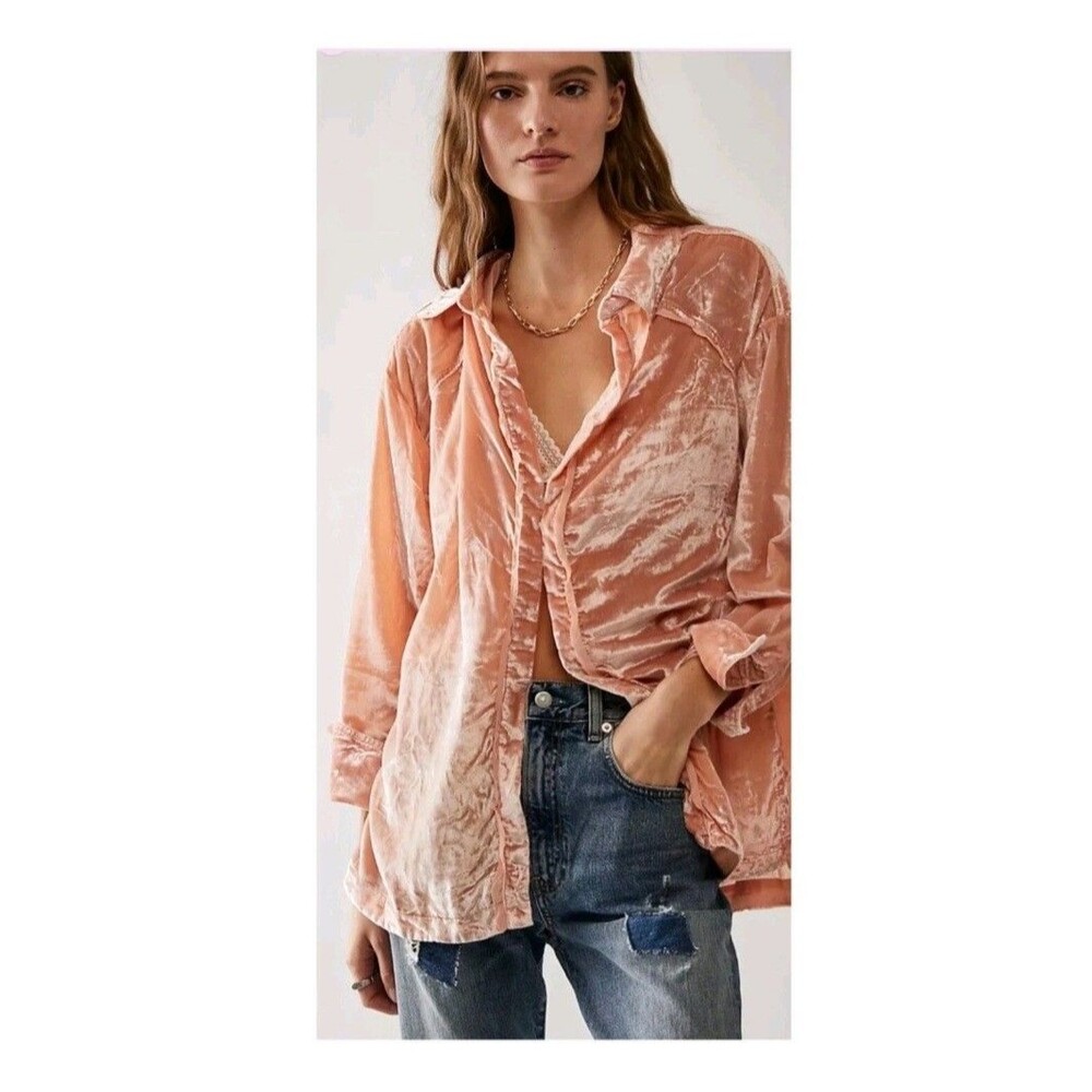 Free People Marianne Blush Pink Crushed Velvet Boho Chic Oversized Shacket XS